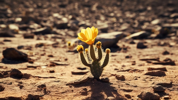 Een foto van een kale woestijn met een enkele bloeiende cactus helder zonlicht