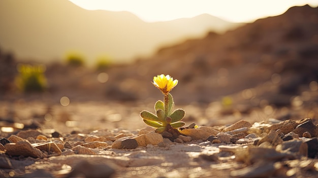 Een foto van een kale woestijn met een enkele bloeiende cactus helder zonlicht