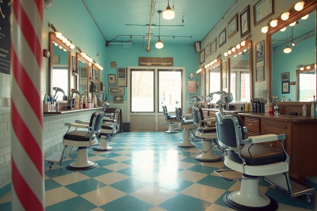 Een foto van een kapperswinkel met een geruite vloer en blauwe muren die een levendige en retro sfeer creëren Een vintage geïnspireerde kapperssalon compleet met een kapperspaal AI gegenereerd