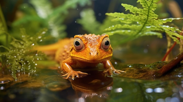 Een foto van een karamelkleurige triton in een vijver met glinsterend water