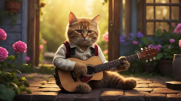 een foto van een kat die een kleine gitaar speelt voor een charmant huis omringd door een levendige natuur