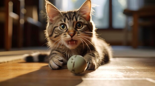 Een foto van een kat die met een kattenhout speelt