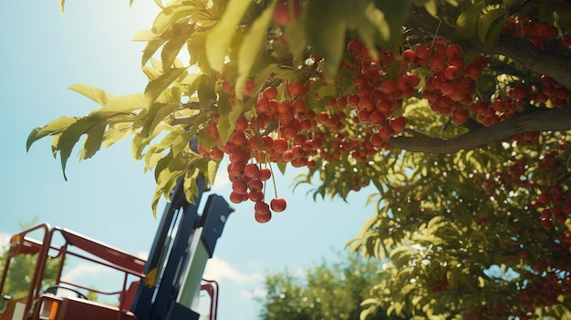 Een foto van een kersenverzamelaar die fruit oogst