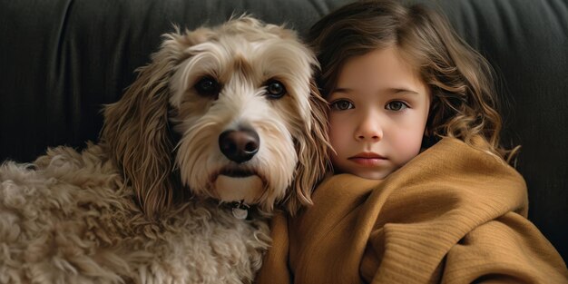 een foto van een kind en hun hond die samen op een gezellige bank zitten