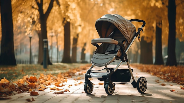 Een foto van een kinderwagen in een park