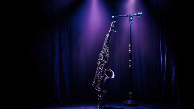 Een foto van een klarinet in een klassieke muziekzaal met zachte podiumverlichting