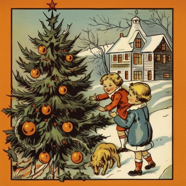 een foto van een kleine jongen die met een kerstboom speelt.