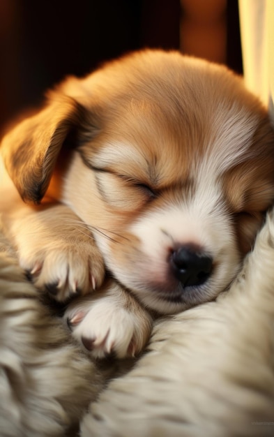 Een foto van een kleine puppy die met zijn poten rust