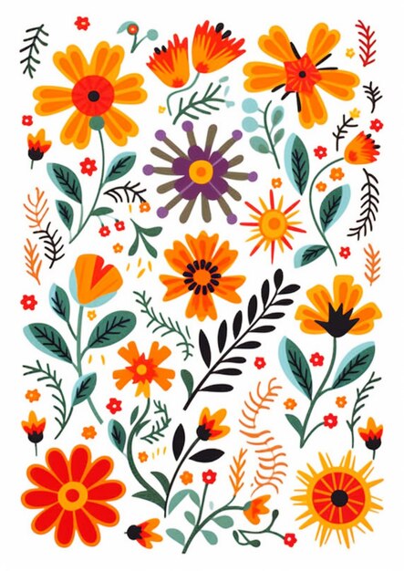 een foto van een kleurrijk bloemenpatroon met bladeren en bloemen generatieve ai