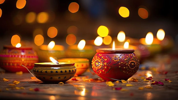 Een foto van een kleurrijke Indiase Diwali viering olie lampen