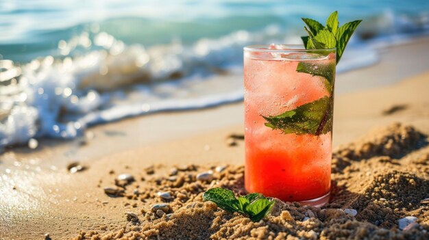 Foto een foto van een kleurrijke watermeloen mojito met munt en basilicum bladeren op het strand in het zand