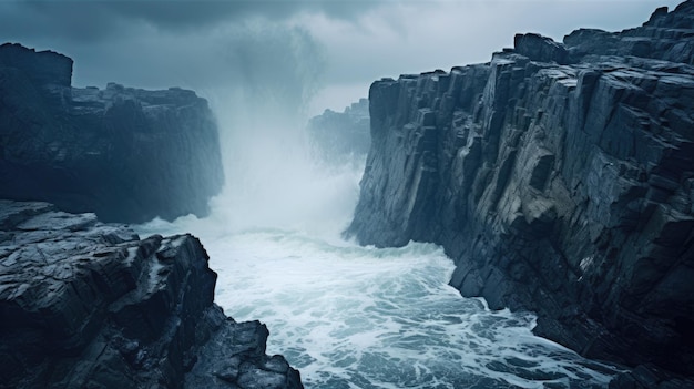 Een foto van een klif aan de kust met brekende golven over de bewolkte hemel