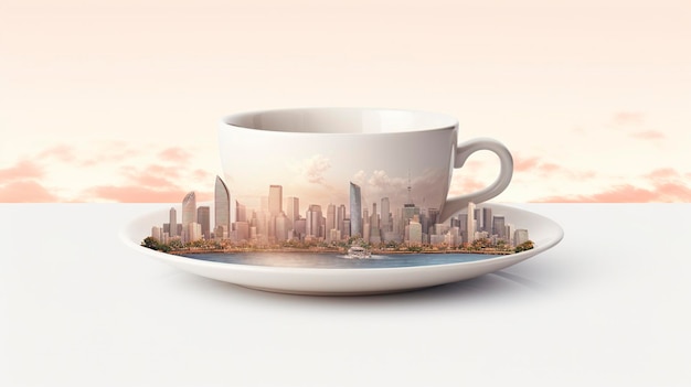Een foto van een koffiekop met een stads skyline full length foto