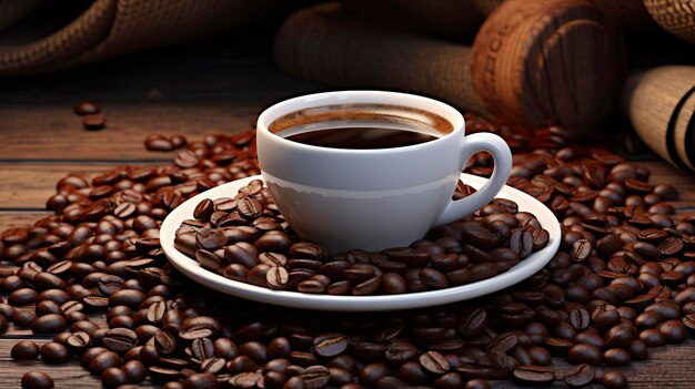 Een foto van een koffiekop op een schotel met koffiebonen