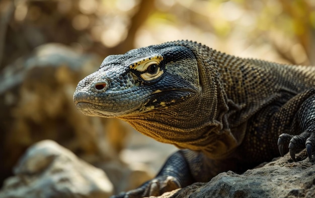 Een foto van een Komodo-draak die zijn gebied nauwkeurig observeert