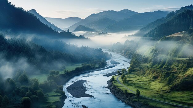 Foto een foto van een kronkelende rivier door een nevelige vallei zacht ochtendlicht