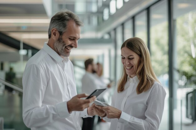 Een foto van een lachende man die aan een tablet werkt naast een lachende vrouw die praat