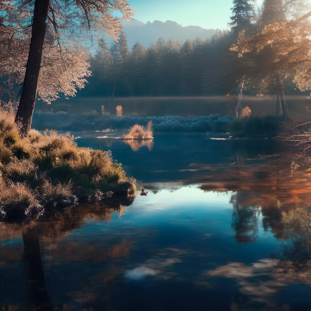 Een foto van een landschap met gebladerte en een rustig meer in de winter