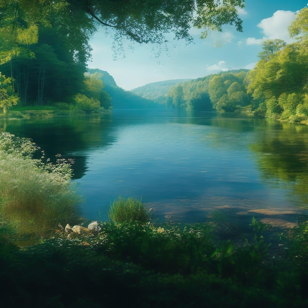 Een foto van een landschap met gebladerte en een rustig meer in de zomer