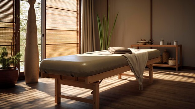 Een foto van een leeg massage bed in een spa