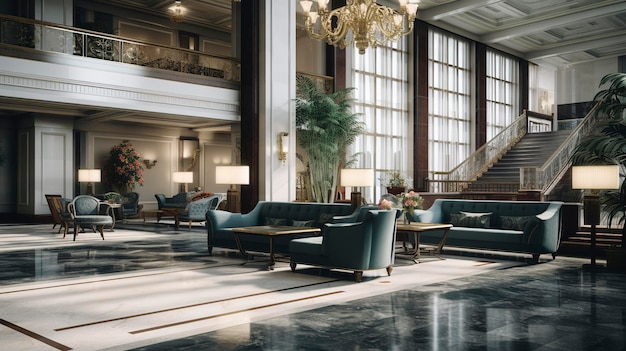 Een foto van een leegstaande hotel lobby