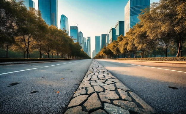 Een foto van een lege weg in de buurt van wolkenkrabbers en bomen