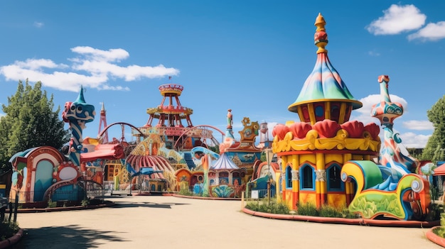 Een foto van een levendig pretpark met kleurrijke ritten heldere zonneschijn