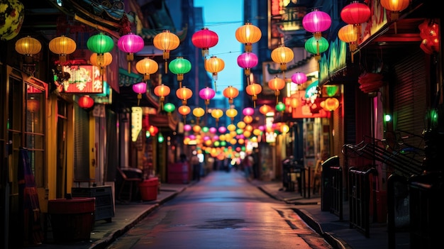 Foto een foto van een levendige chinatown straatlantaarn die op de achtergrond hangt