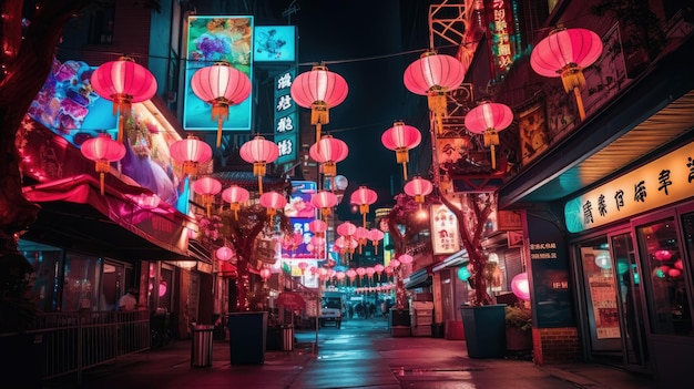 Een foto van een levendige Chinatown straatlantaarn die op de achtergrond hangt