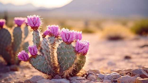 Een foto van een lila gekleurde cactus in een woestijnlandschap warm zonlicht