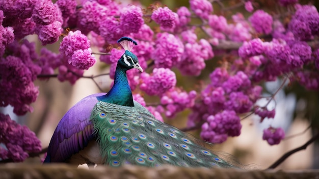 Een foto van een lila gekleurde pauw in een tuin met levendige kleuren