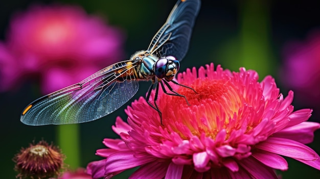 een foto van een magenta dragonfly die op een levendige wildbloem zit