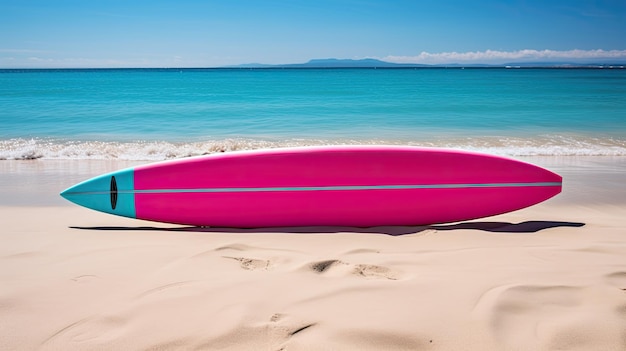 een foto van een magenta surfboard op een zandstrand