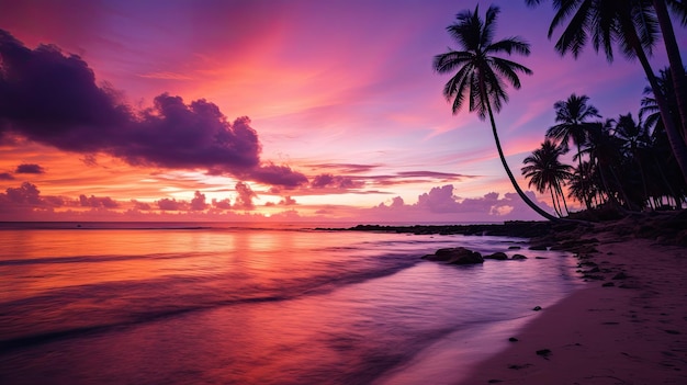 een foto van een magenta zonsondergang over een rustig strand