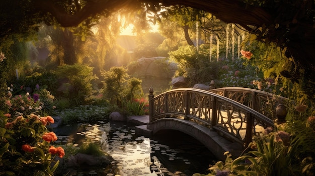 Een foto van een magische tuin met een grillige brug gouden uur licht