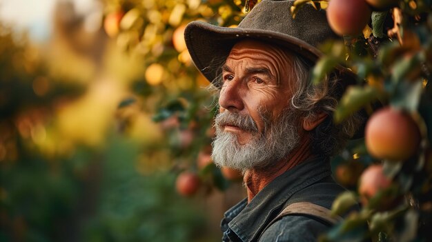 Foto een foto van een man die met trots straalt naar zijn volwassen appelbomenboomgaard generatieve ai