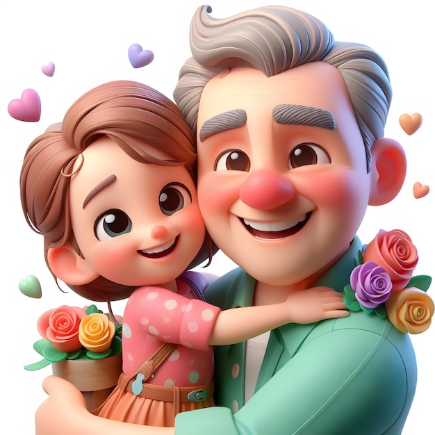 een foto van een man en een vrouw die bloemen vasthouden met een meisje dat hem knuffelt