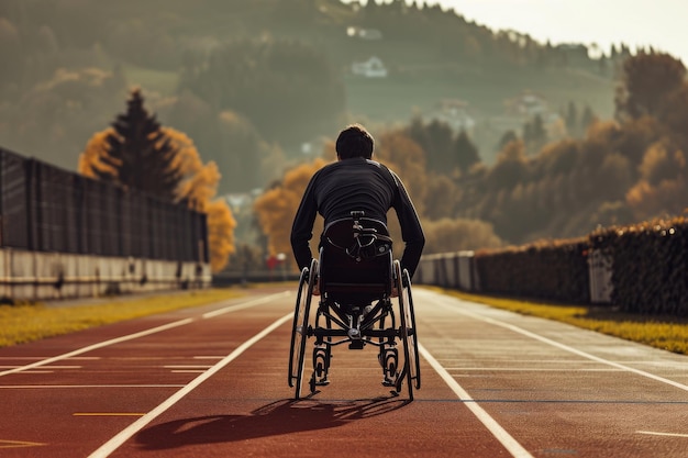 Een foto van een man in een rolstoel die actief een baan navigeert Een afbeelding die de vastberadenheid van een rolstoelspeler vasthoudt AI gegenereerd