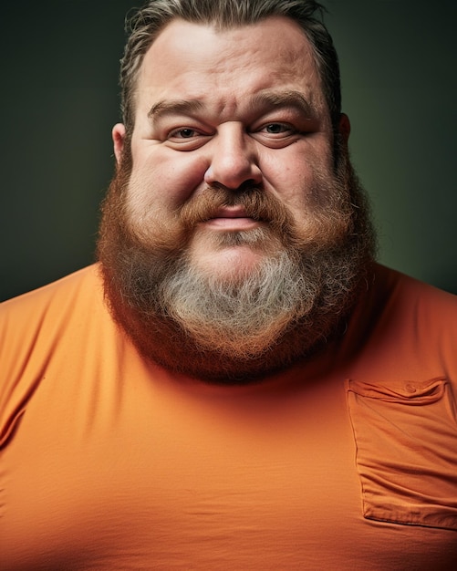 Een foto van een man met een groot lichaam, gekleed in een te strak shirt