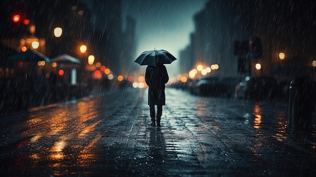Een foto van een man met een paraplu midden in hevige regen, gegenereerd door AI