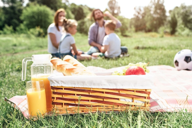 Een foto van een mand met fruit en brood op een deken op gras. er staat een grote pot sinaasappelsap naast. ook is er een bal op deken. verderop zit een gezin op gras family