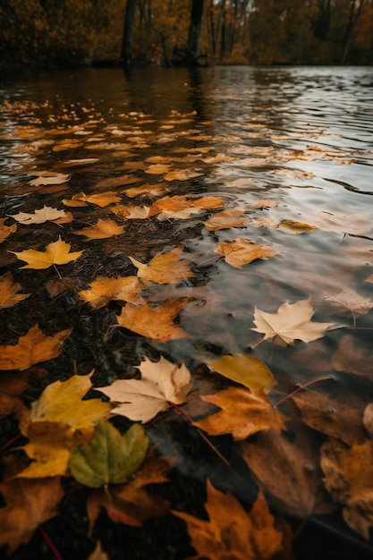 Een foto van een meer met bladeren die op het water drijven