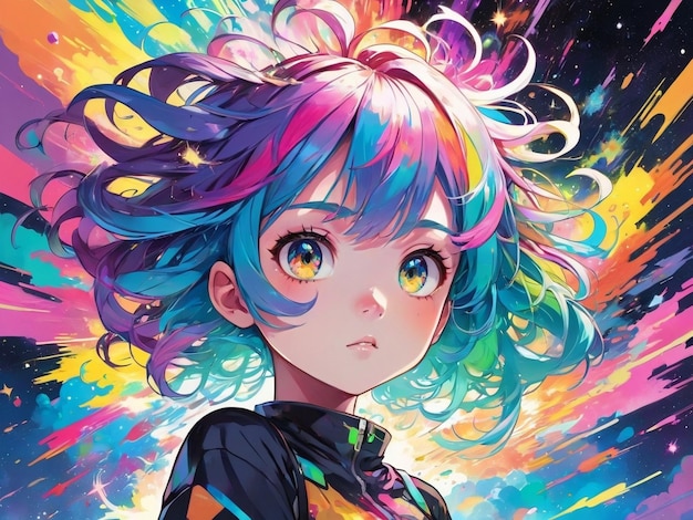Foto een foto van een meisje met kleurrijk haar anime meisje met kosmisch haar abstracte kunst kleurrijke explosie
