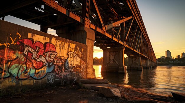 Een foto van een met graffiti bedekte brug aan de rivier op de achtergrond