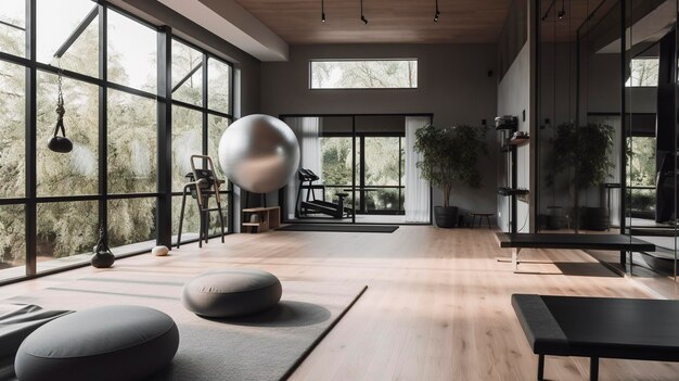 Een foto van een minimalistische homegym met open vloerruimte