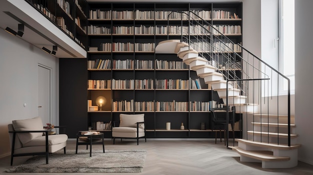 Een foto van een minimalistische huisbibliotheek met verschuifbare boekenkasten