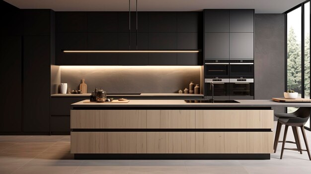 Een foto van een minimalistische keuken met highend apparatuur