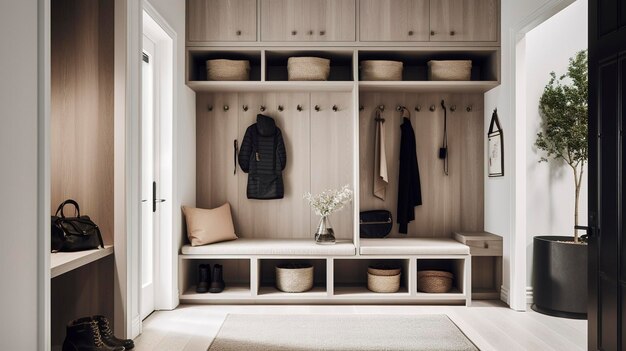 Een foto van een minimalistische mudroom met functionele opbergruimte bij de ingang