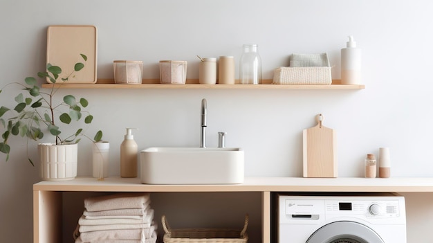Een foto van een minimalistische wasserette met een wastafel en wasmiddel