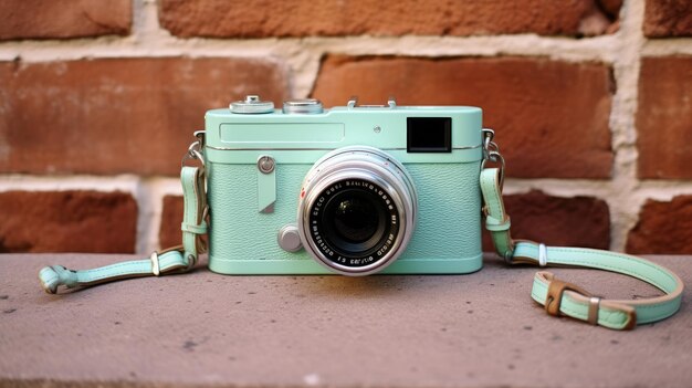 Foto een foto van een mintgroene vintage camera met aqua-band tegen een bakstenen muur